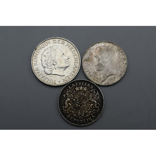 76 - Selection of Silver Coins to Include - 1 Franc (1914), 1 Lats (1924) and 1 Gulden (1958)