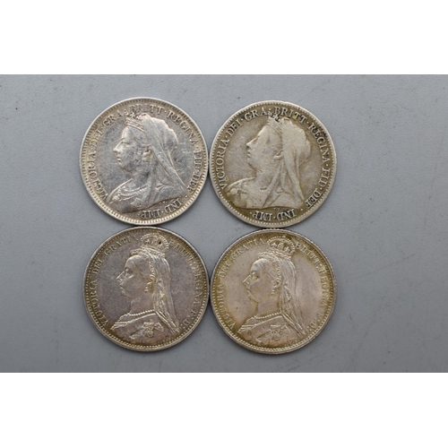 17 - Four Silver Victoria Six Pence Pieces 1887x3 1900 and 1901