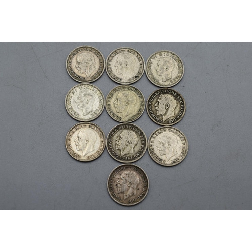 24 - Selection of 10 Pre 1947 Three Pence Coins - George V & George VI