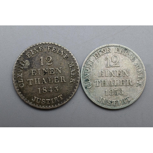 48 - Silver - Two 1/12 Thaler - German States - 1843 & 1853