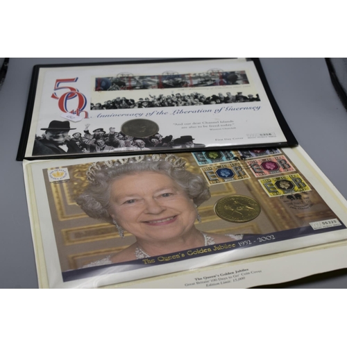 83 - Four UK Commemorative Coin Covers. Includes Golden Jubilee With Gold Toned Crown, Churchill, Diamond... 