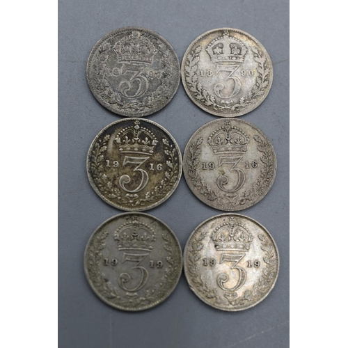 3 - Six UK Silver Threepence Coins, 1887-1920.