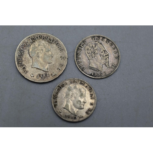 24 - Three Italian Silver Coins. Includes Napoleonic 5 Soldi and 10 Soldi, and 1863 20 Centesimi Coin.