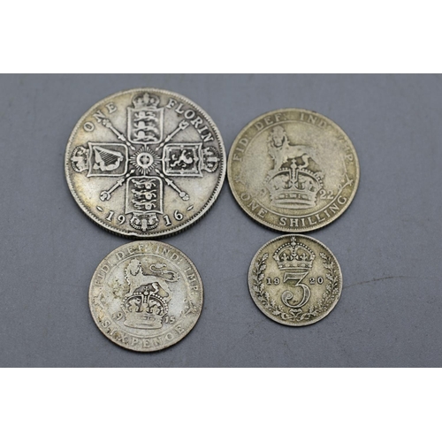 25 - A Selection of UK George V Silver Coinage. Includes 1916 Florin, 1922 Shilling, 1915 Sixpence and 19... 