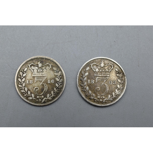 33 - Two Silver Victoria Three Pence Coins, 1856 and 1883.