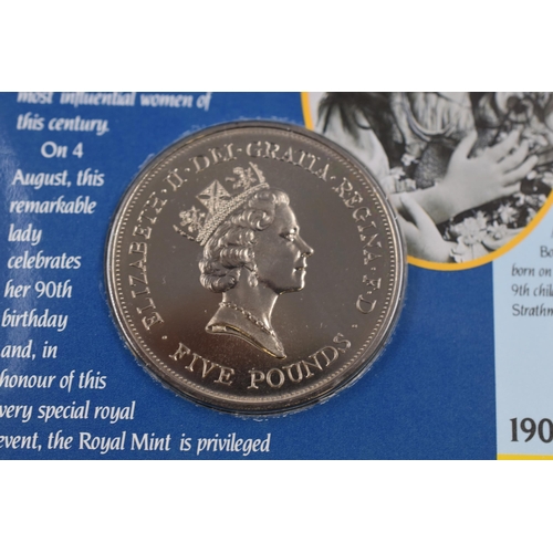 40 - 1990 Royal Mint 90th Birthday Queen Elizabeth The Queen Mother Commemorative Five Pound Coin. Comple... 