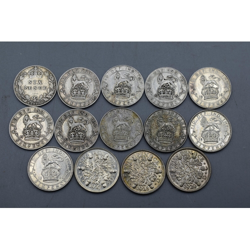 45 - Selection of Fourteen Silver Six Pence Coins. Includes Edward VII and George V. (1910, 1911, 1914, 1... 