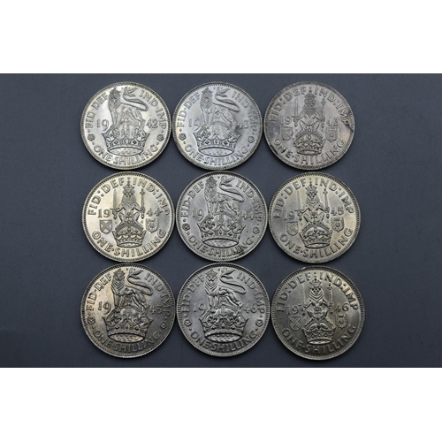 50 - Selection of Nine George VI Silver Shilling Coins. (1942, 1943, 1944, 1945 and 1946).