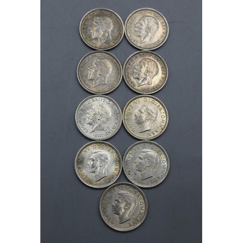 59 - Selection of Nine Silver George V and George VI Three Pence Coins. (1932, 1933, 1934, 1935, 1936, 19... 