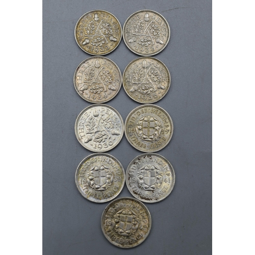 59 - Selection of Nine Silver George V and George VI Three Pence Coins. (1932, 1933, 1934, 1935, 1936, 19... 