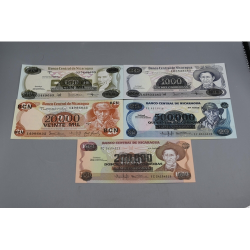 61 - Selection of Five Bank Notes for Republic of Nicaragua (1987 to 1990).