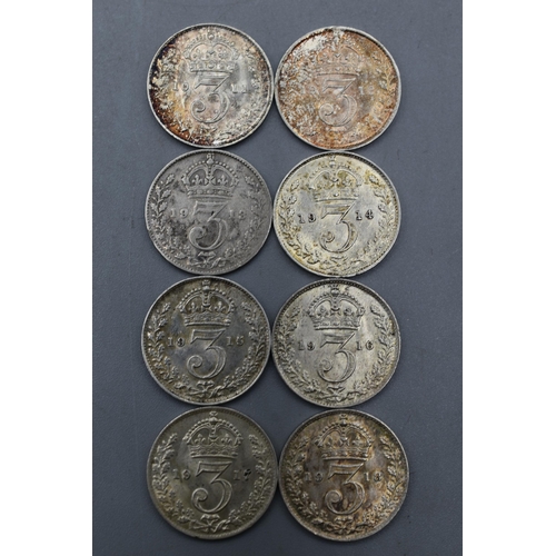 65 - Selection of Eight George V Silver Three Pence Coins. (1911, 1912, 1913, 1914, 1915, 1916, 1917 and ... 