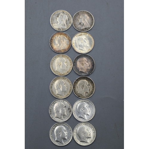 66 - Selection of Twelve Silver Three Pence Coins, includes Queen Victoria and Edward VII. (1897, 1900, 1... 