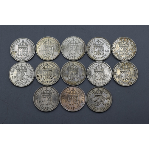 79 - Selection of Thirteen George VI Silver Six Pence Coins. (1937, 1938, 1939, 1940, 1941, 1942, 1943, 1... 