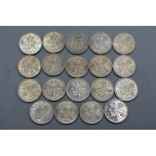 80 - Selection of Nineteen Sixpence Coins. George VI and Queen Elizabeth II. (1950 to 1970)