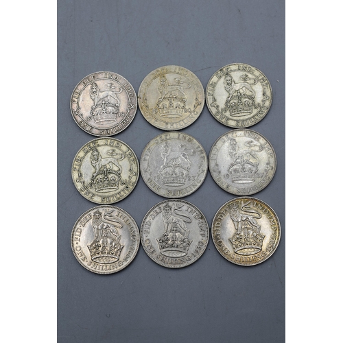 81 - Selection of 9 George V Silver Shillings. 1918, 1920, 1921, 1922, 1923, 1927, 1928, 1930 and 1932.