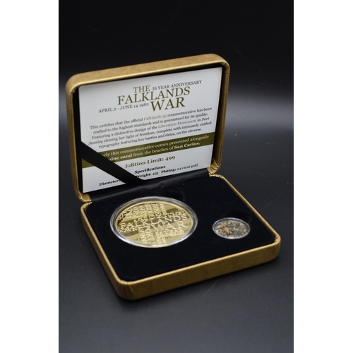 12 - Limited Edition Falkland Islands Gold Plated 50mm Medal Complete with Genuine Sand from San Carlos B... 