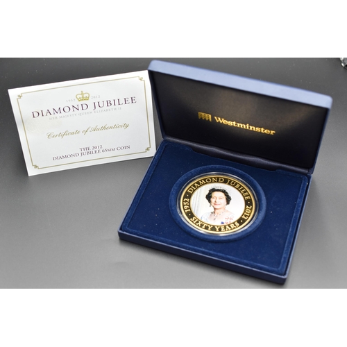 43 - Elizabeth II 2012 Diamond Jubilee 65mm 24ct Gold Plated $5 Limited Edition Coin Complete with Case a... 