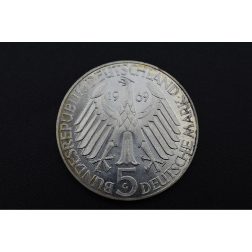 77 - 1969 German 5 Marks Coin Theodore Fontaine 0.625 Silver