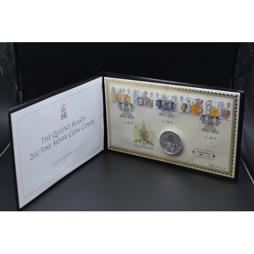 55 - Limited Edition The Queens Beasts 2 oz Fine Silver 999 Coin Cover with certificate and case