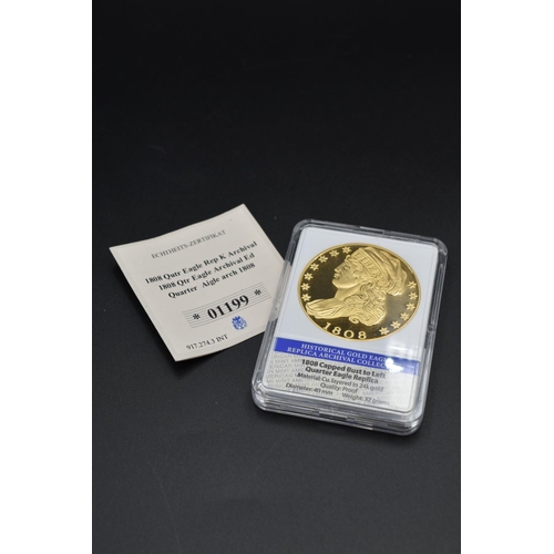 100 - Limited Edition American Mint 24 carat Gold Plated 1808 Replica Qtr Eagle in Case Complete with cert... 