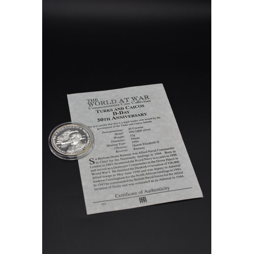 91 - Elizabeth II The World at War 50th Anniversary Silver 999 20 Crown Coin Complete with Certificate of... 