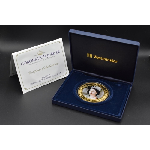 95 - Elizabeth II Coronation Jubilee 65mm 24 carat Gold Plated $5 Dollar Complete with Certificate and Ca... 