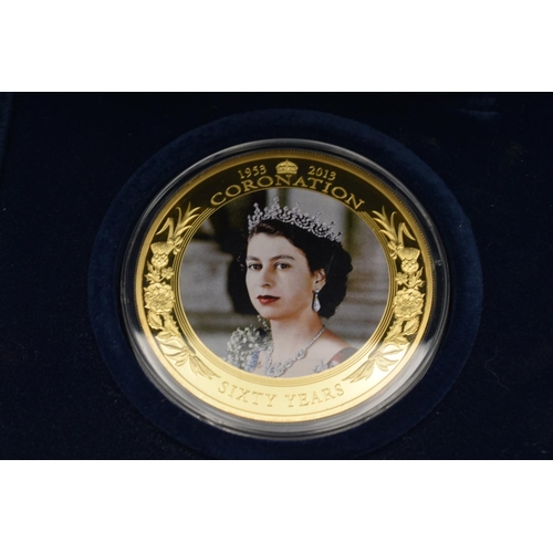 95 - Elizabeth II Coronation Jubilee 65mm 24 carat Gold Plated $5 Dollar Complete with Certificate and Ca... 