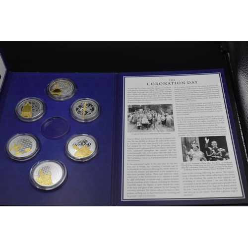 16 - 1953 - 2018 Sapphire Jubilee Coin Collectors Pack includes Six Solid Silver and Gold Plated Coins ea... 