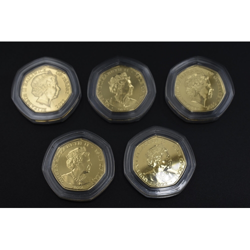 6 - Selection of Five 24ct Gold Plated Platinum Jubilee Fifty Pence Coins. Includes God Save The Queen, ... 