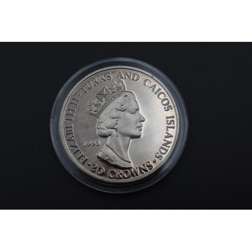 51 - Turks and Caicos 999 Silver 20 Crown Coin for Queen Elizabeth II Coronation Anniversary. Complete wi... 