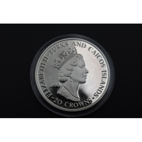 52 - Turks and Caicos 999 Silver 20 Crown Coin for Queen Elizabeth II Coronation Anniversary. Complete wi... 