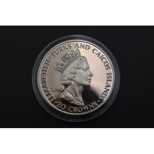 54 - Turks and Caicos 999 Silver 20 Crown Coin for Queen Elizabeth II Coronation Anniversary. Complete wi... 