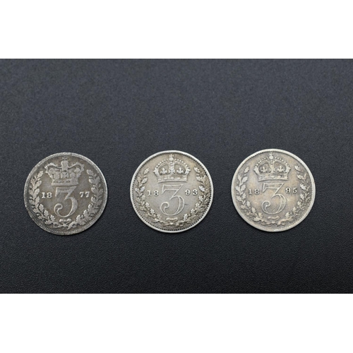 78 - Three Victorian Silver 3d Coins (1877, 1893, 1895)