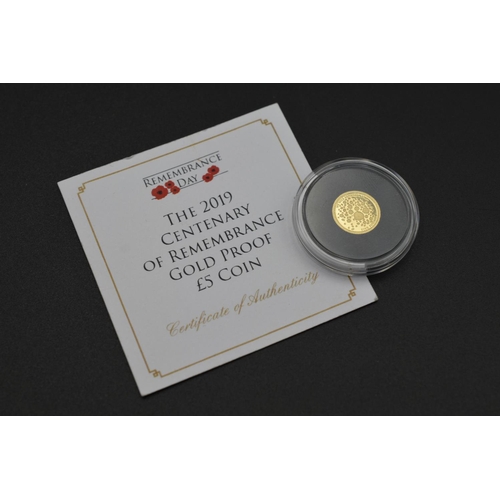 81 - Elizabeth II 2019 Centenary of Remembrance 24ct Gold Proof £5 Coin with Certificate of Authenticity