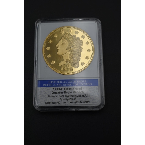 94 - American Mint Limited Edition replica 1838 Classic Head Quarter Eagle 24ct Gold Layered Coin in case... 