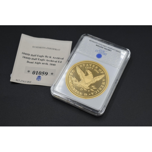 95 - American Mint Limited Edition 1840 Liberty Head Half eagle Replica 24ct Gold Layered Coin in case wi... 