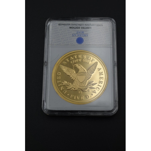 95 - American Mint Limited Edition 1840 Liberty Head Half eagle Replica 24ct Gold Layered Coin in case wi... 