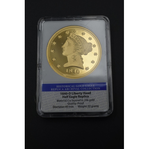 95 - American Mint Limited Edition 1840 Liberty Head Half eagle Replica 24ct Gold Layered Coin in case wi... 