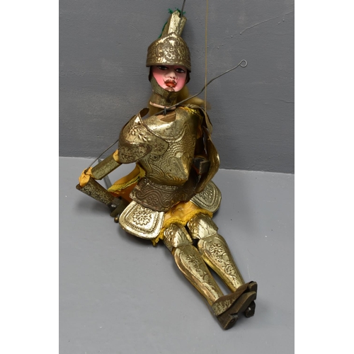 49 - Large Vintage Puppet Wearing Ornate Armour and Carrying a Sword and Shield