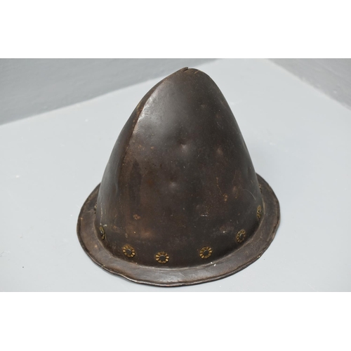 50 - Cabasset Helmet, Heavy Weight. Pear Stalk Finial and Brass Rosette Rivets. Armourers Mark Stamped on... 