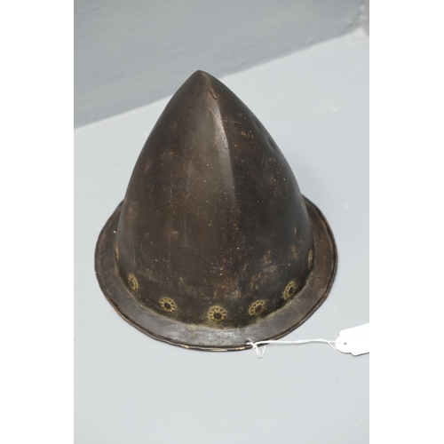 50 - Cabasset Helmet, Heavy Weight. Pear Stalk Finial and Brass Rosette Rivets. Armourers Mark Stamped on... 