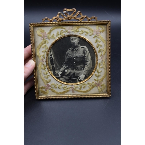 8 - WWI Photograph of a British Army Soldier Contained in a Brass Frame with an Embroidered Inner Surrou... 