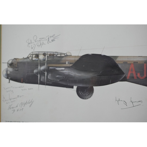 132 - RAF 617 Framed Squadron Print. Lancaster Bomber RAF Scampton. With 6 Original Signatures including D... 