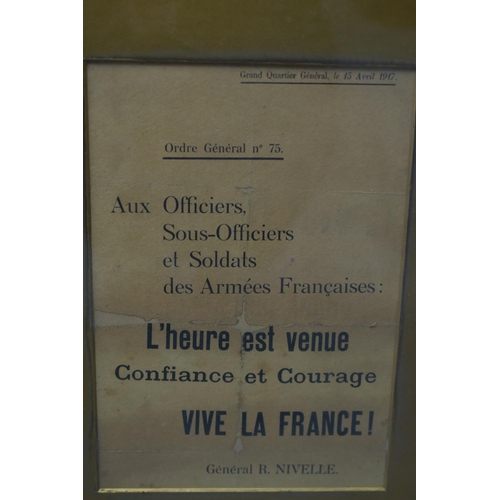 144 - WWI French Framed General Order No. 75 Issued in 1917 by General R. Nivelle. Approx 47cm x 36cm over... 