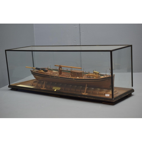 152 - Large Cased Scale Model of Commissioner Harrison's Gunboat of 1808 in a Glass Case. 89cm Long, 31cm ... 