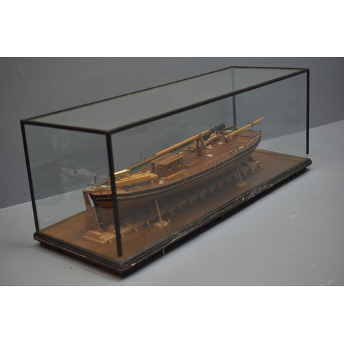 152 - Large Cased Scale Model of Commissioner Harrison's Gunboat of 1808 in a Glass Case. 89cm Long, 31cm ... 