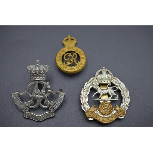 160 - Three Military Badges including The Queens Oxfordshire Hussars, Royal Hampshire and The Life Guards