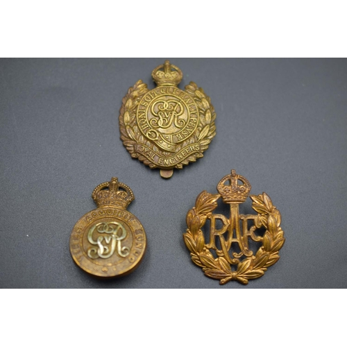 177 - Three Cap Badges, includes Royal Engineers, RAF and Royal Military College