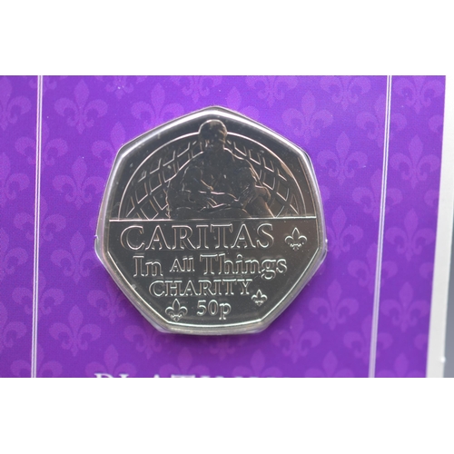 80 - Brilliant Uncirculated Platinum Jubilee Fifty Pence Coin. Caritas, In all Things Charity.